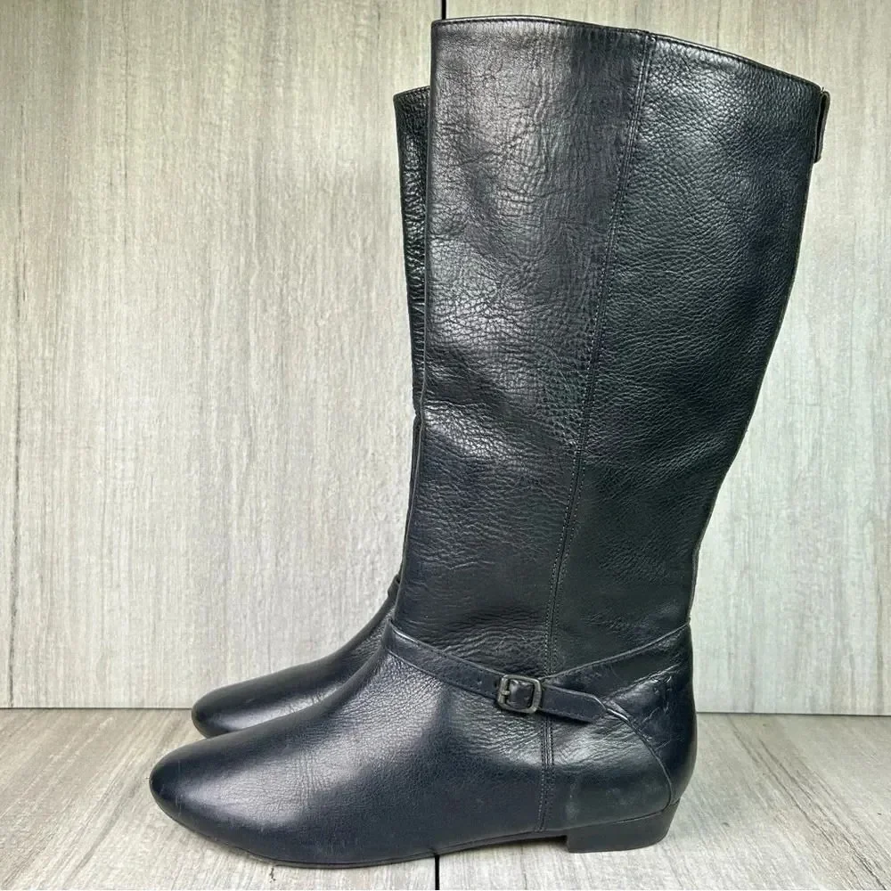 Frye Bonnie Black Leather Low Heel Flat Mid Calf‎ Tall Ring Boots Women’s Size 6